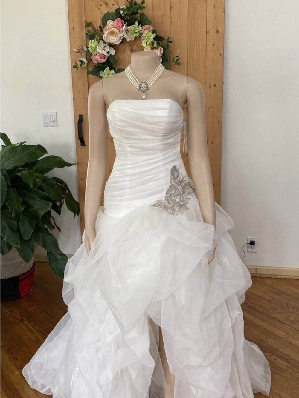 David’s Bridal Strapless White Ruffled Wedding Dress with Silver Applique